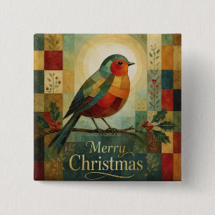 Badge Carré 5 Cm Mosaïque de Noël Robin Oiseau Houx Baie