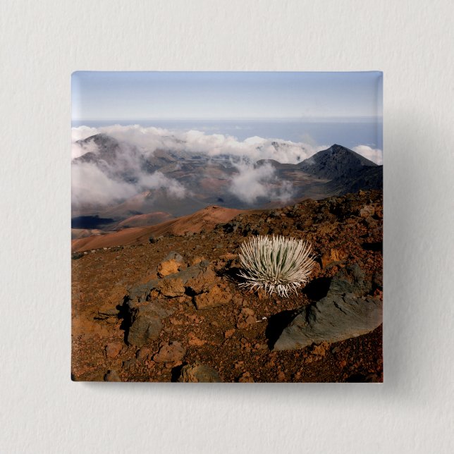 Badge Carré 5 Cm Mot d'argent sur la rime du cratère de Haleakala,  (Devant)