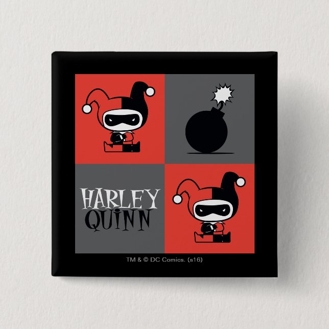 Badge Carré 5 Cm Motif Chibi Harley Quinn Checker (Devant)