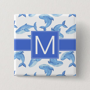 Badge Carré 5 Cm Motif de baleine bleue d'aquarelle