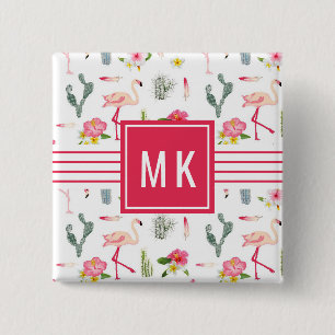 Badge Carré 5 Cm Motif de ketmie d'ananas de cactus de Flamant rose