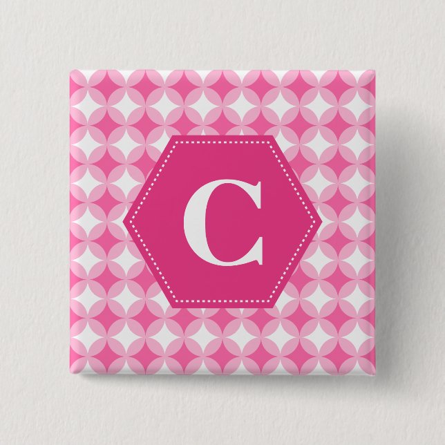 Badge Carré 5 Cm Motif de monogramme rose blanc (Devant)