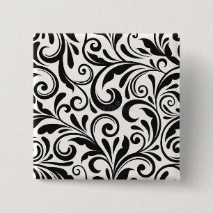 Badge Carré 5 Cm Motif Élégant de Rinceaux en Damas Noir et Blanc