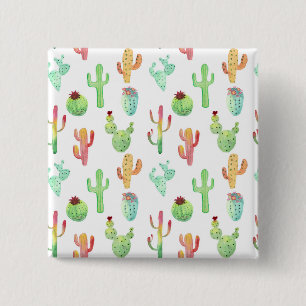 Badge Carré 5 Cm Motif en pastel d'aquarelle de cactus