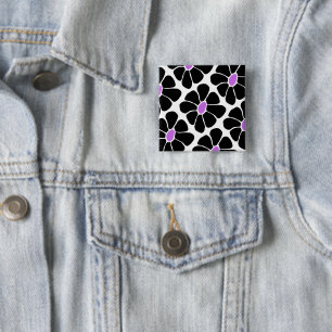 Badge Carré 5 Cm Motif fleur de marguerite noir et violet rétro