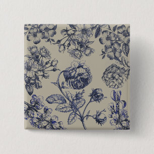 Badge Carré 5 Cm Motif floral botanique toile bleue vintage antique