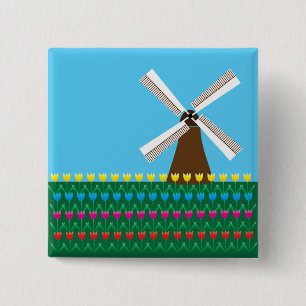 Badge Carré 5 Cm Moulin Hollandais et Champ de Tulipes Colorées