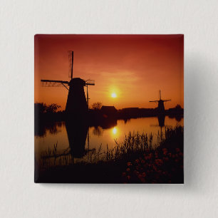 Badge Carré 5 Cm Moulins à vent au coucher du soleil, Kinderdijk, P