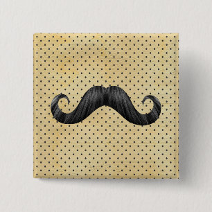 Badge Carré 5 Cm Moustache noire drôle sur le pois jaune vintage