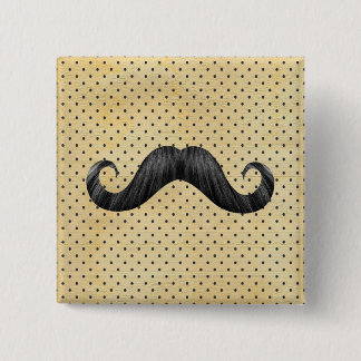 Badge Carré 5 Cm Moustache noire drôle sur le pois jaune vintage