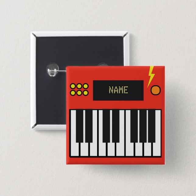 Badge Carré 5 Cm Musique clavier rouge orange personnalisée (Devant & derrière)