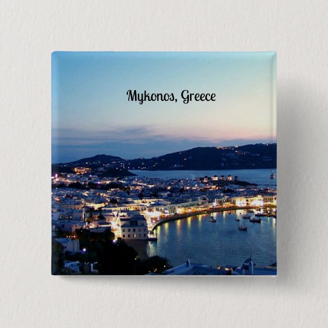 Badge Carré 5 Cm Mykonos, panorama sur la Grèce (Devant)