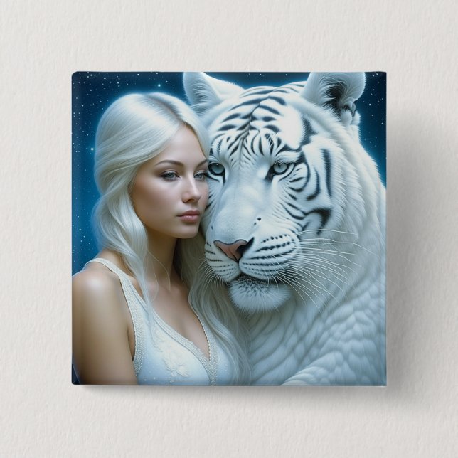 Badge Carré 5 Cm Mystic White Tiger and Woman (Devant)