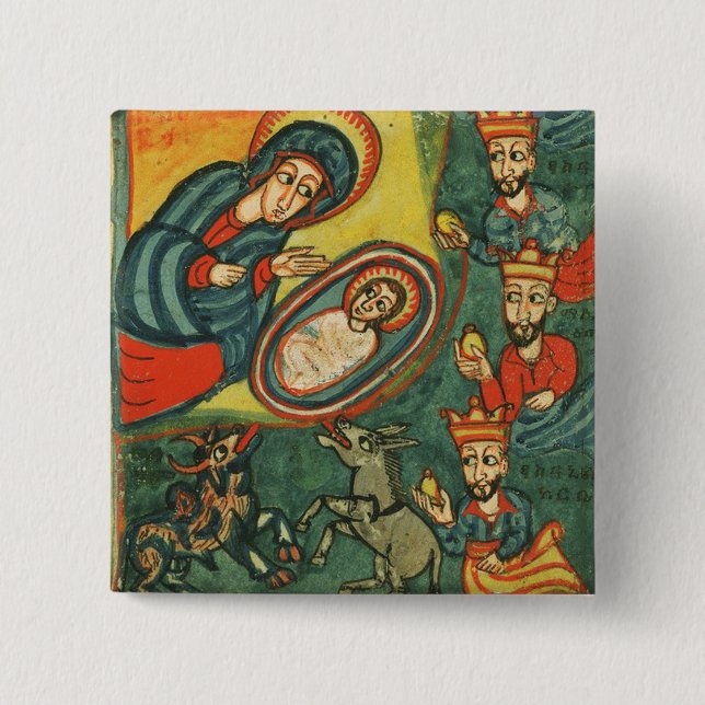 BADGE CARRÉ 5 CM NATIVITÉ CHRISTMAS PARCHMENT, ADORATION DE MAGI (Devant)