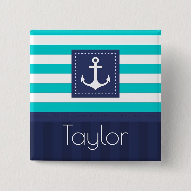 Badge Carré 5 Cm Nautical Aqua Navy Stripes Personalized Name (Devant)