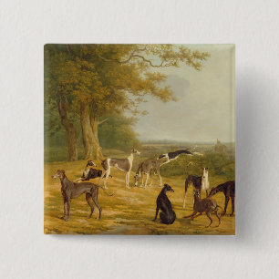 Badge Carré 5 Cm Neuf lévriers dans un paysage (huile sur la toile