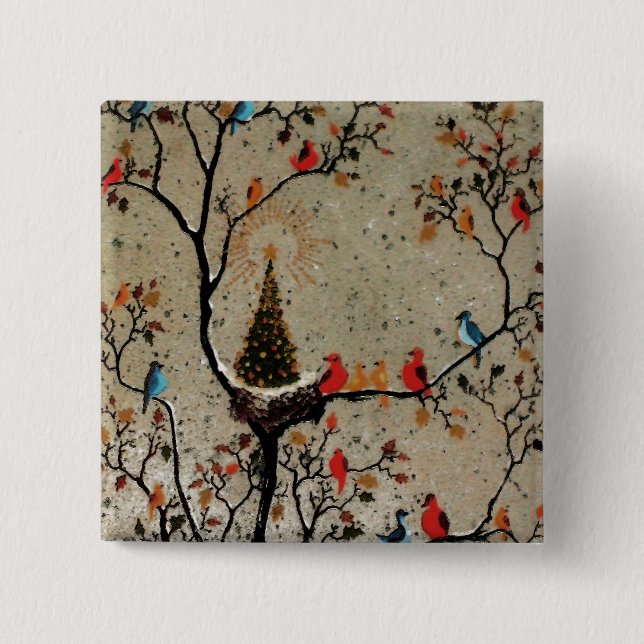 Badge Carré 5 Cm Nid d'arbre de Noël ~ Boutons (Devant)