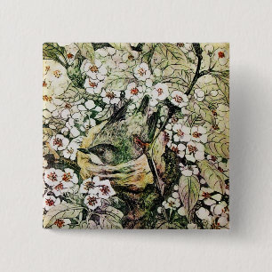 Badge Carré 5 Cm NID OISEAU, blanc brun vert jaune