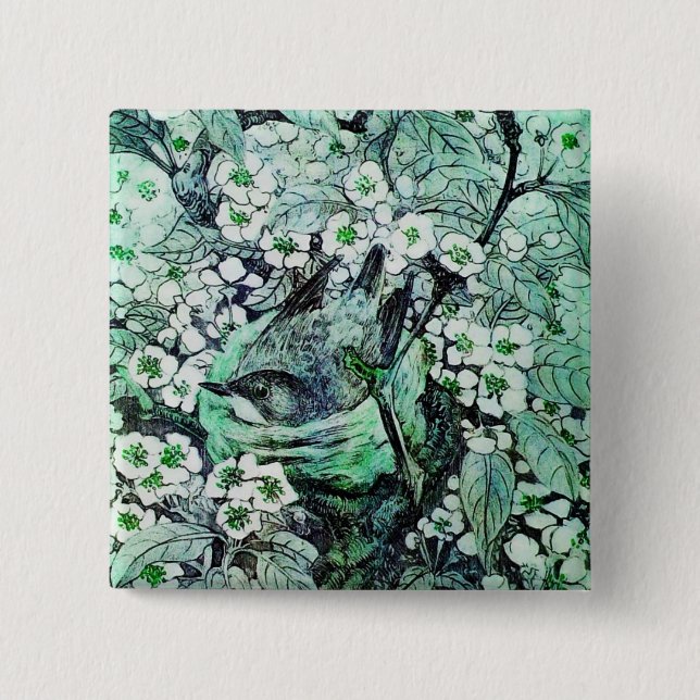 Badge Carré 5 Cm NID OISEAU, vert blanc (Devant)
