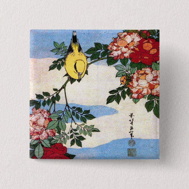 Badge Carré 5 Cm Nightingale & Rose Hokusai Art japonais (Devant)