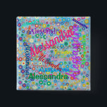 Badge Carré 5 Cm N'importe quel nom Collage avec Fleurs Bouton pers<br><div class="desc">Ce bouton présente un design coloré avec le nom de votre choix apparaissant dans de nombreuses polices et couleurs différentes. Les noms sont affichés sur un arrière - plan bleu avec des fleurs colorées. Grand comme un nametag ou juste pour le plaisir!</div>