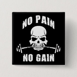 Badge Carré 5 Cm No Pain No Gain - Skull and Barbell - Motivation