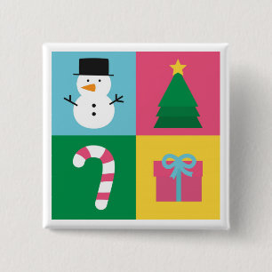 Badge Carré 5 Cm Noël Coloré avec Bonhomme de Neige, Arbre, Bonbon