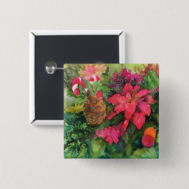 Badge Carré 5 Cm Noel Poinsettia peinture aquarelle originale (Devant & derrière)