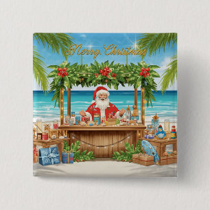 Badge Carré 5 Cm Noël Tropical  avec le Père Noël à la Plage