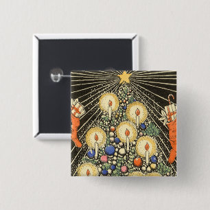 Badge Carré 5 Cm Noël vintage, arbre avec bougies et une étoile