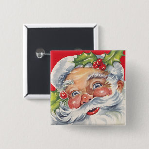 Badge Carré 5 Cm Noël vintage, joyeux Père Noël avec son chapeau