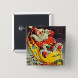 Badge Carré 5 Cm Noël vintage, le Père Noël dans un vaisseau spatia
