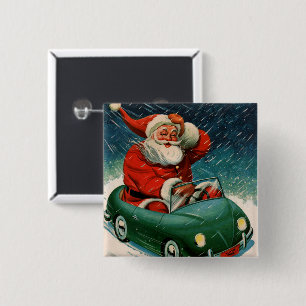 Badge Carré 5 Cm Noël vintage, Père Noël dans une voiture mignonne
