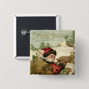 Badge Carré 5 Cm Noël vintage, Père Noël victorien dans son traînea