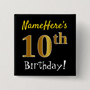 Badge Carré 5 Cm Noir, Faux Gold 10e anniversaire, avec nom personn