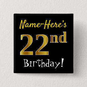 Badge Carré 5 Cm Noir, Faux Gold 22e Anniversaire, Avec Nom Personn