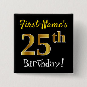 Badge Carré 5 Cm Noir, Faux Gold 25e anniversaire, avec nom personn