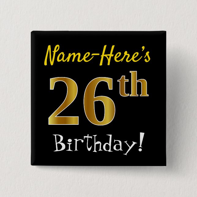 Badge Carré 5 Cm Noir, Faux Gold 26e anniversaire, avec nom personn (Devant)