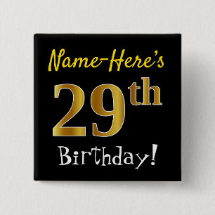 Badge Carré 5 Cm Noir, Faux Gold 29e anniversaire, avec nom personn