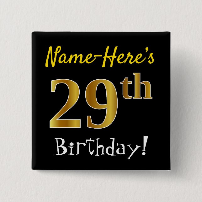 Badge Carré 5 Cm Noir, Faux Gold 29e anniversaire, avec nom personn (Devant)