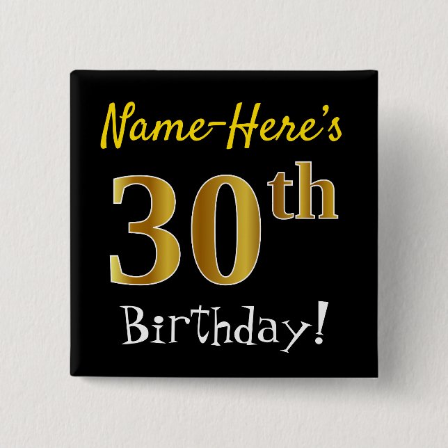 Badge Carré 5 Cm Noir, Faux Gold 30e Anniversaire, Avec Nom Personn (Devant)