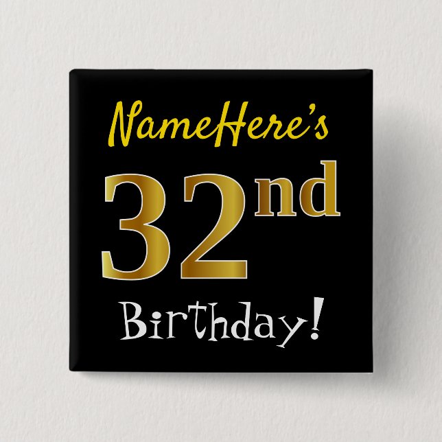 Badge Carré 5 Cm Noir, Faux Gold 32e Anniversaire, Avec Nom Personn (Devant)