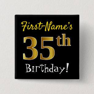 Badge Carré 5 Cm Noir, Faux Gold 35e anniversaire, avec nom personn
