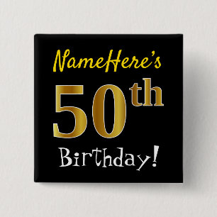 Badge Carré 5 Cm Noir, Faux Gold 50e Anniversaire, Avec Nom Personn