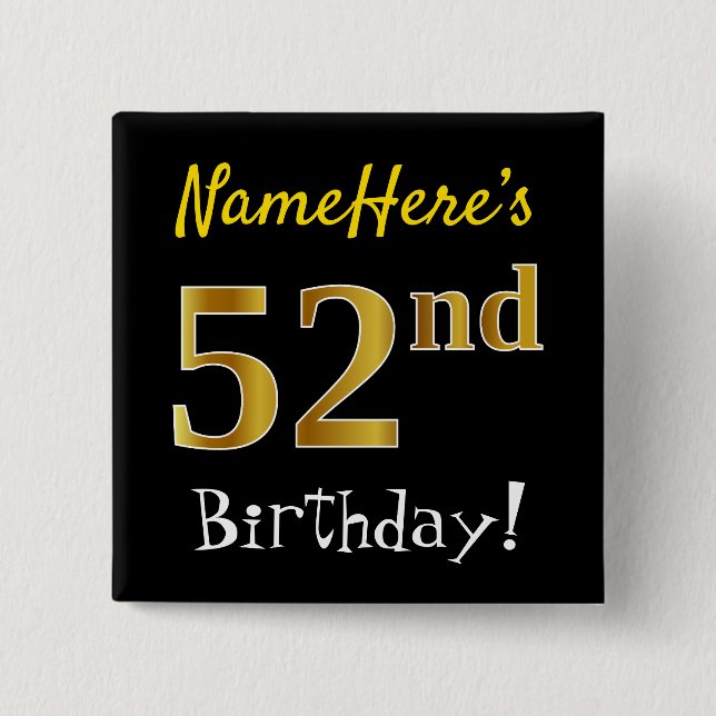 Badge Carré 5 Cm Noir, Faux Gold 52e Anniversaire, Avec Nom Personn (Devant)