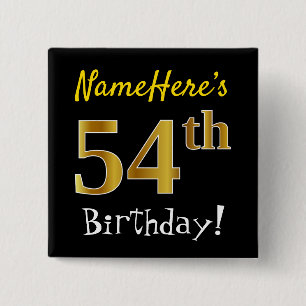 Badge Carré 5 Cm Noir, Faux Gold 54ème Anniversaire, Avec Nom Perso