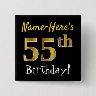 Badge Carré 5 Cm Noir, Faux Gold 55e anniversaire, avec nom personn