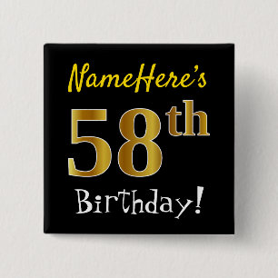 Badge Carré 5 Cm Noir, Faux Gold 58ème Anniversaire, Avec Nom Perso