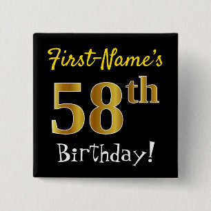 Badge Carré 5 Cm Noir, Faux Gold 58ème Anniversaire, Avec Nom Perso