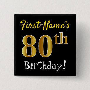 Badge Carré 5 Cm Noir, Faux Gold 80e anniversaire, avec nom personn